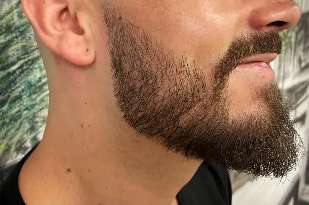 Barbe taillée et dégradé net, de profil, réalisés au salon